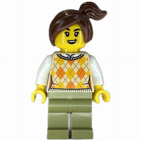 Minifigurka Kiosk Customer, Tan Torso, Olive Green Legs, Reddish Brown Hair