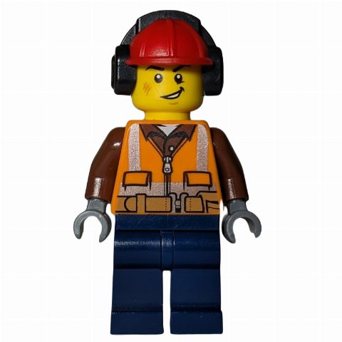 Minifigurka Worker - Orange Safety Vest, Dark Blue Legs, Red Helmet