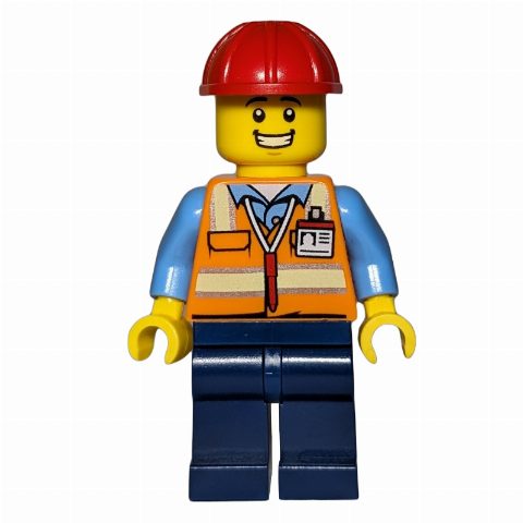 Minifigurka Construction Worker - Orange Torso, Dark Blue Legs, Red Helmet, Grin
