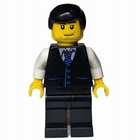 Minifigurka Man, Black Vest over White Shirt with Tie, Black Legs, Black Hair, Stubble