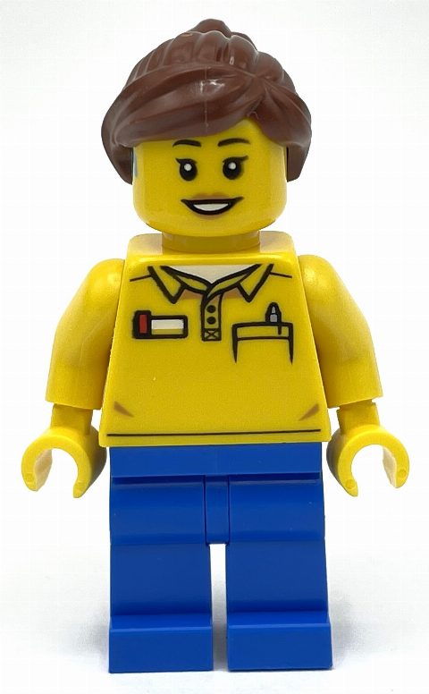 Minifigurka LEGO Employee, Yellow Torso, Blue Legs, Reddish Brown