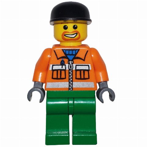 Minifigurka Construction Worker, Orange Jacket with Zipper and Reflective Stripes, Green Legs, Black Cap, Goatee Beard