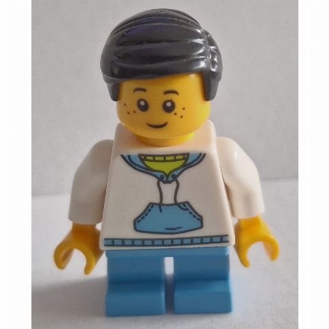 Minifigurka Boy, White and Blue Hoodie, Short Medium Blue Legs, Black Hair