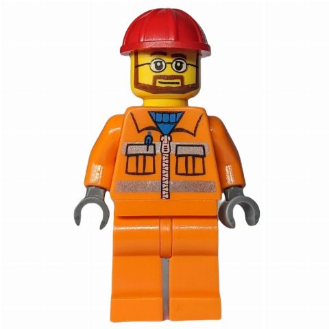Minifigurka Construction Worker, Orange Jacket with Zipper and Reflective Stripes, Orange Legs, Red Hard Hat, Beard and Glasses