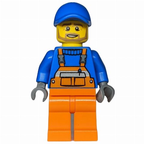 Minifigurka Construction Worker, Orange Overalls over Blue Sweater, Blue Cap, Dark Tan Beard