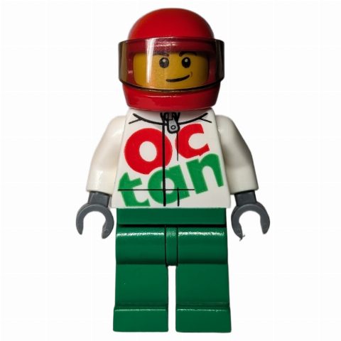 Minifigurka Racer Ray, White and Green Jumpsuit with Large 'Octan', Red Helmet with Visor