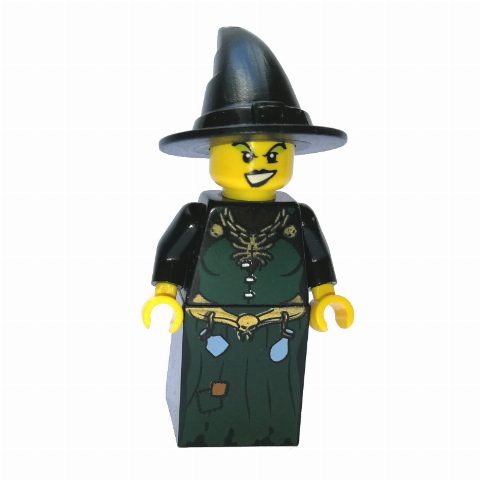 Minifigurka Witch, Dark Green Dress with Spider Necklace and Bottles, Black Hat
