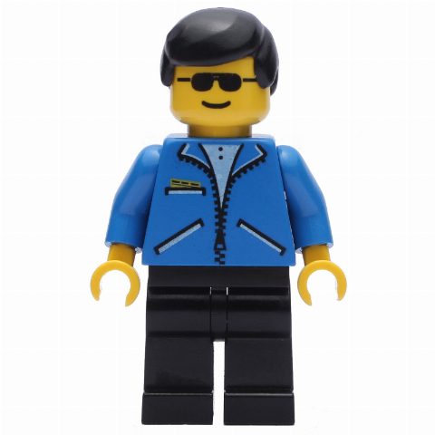 Minifigurka Man, Open Blue Jacket with Zipper, Black Legs, Black Hair, Sunglasses