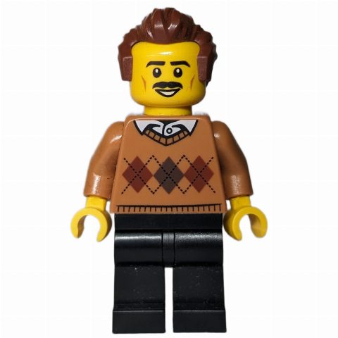 Minifigurka Medium Nougat Torso, Black Legs, Reddish Brown Hair