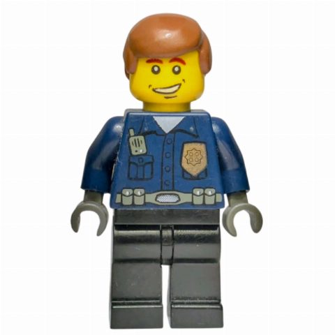 Minifigurka Policeman, Dark Blue Shirt with Radio and Badge, Black Legs, Brown Hair