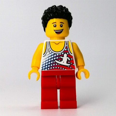 Minifigurka White Torso, Red Legs, Black Hair