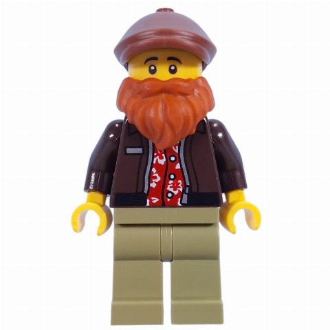 Minifigurka Photographer, Dark Brown Torso, Olive Green Legs, Reddish Brown Cap, Beard