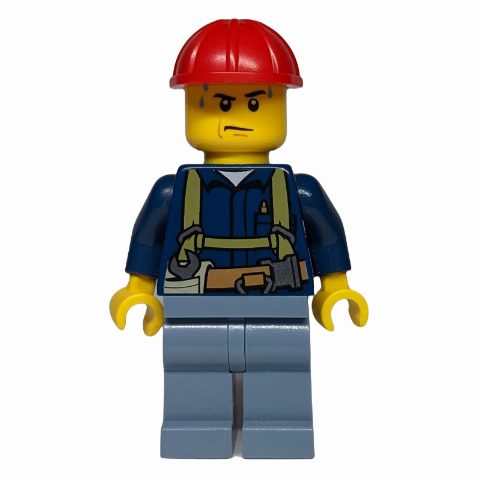 Minifigurka Construction Worker, Dark Blue Shirt with Harness, Red Hard Hat, Sweat Drops