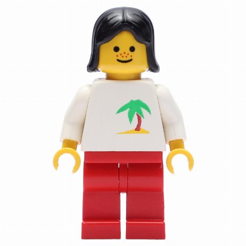 Minifigurka White Torso, Red Legs, Black Hair, Freckles