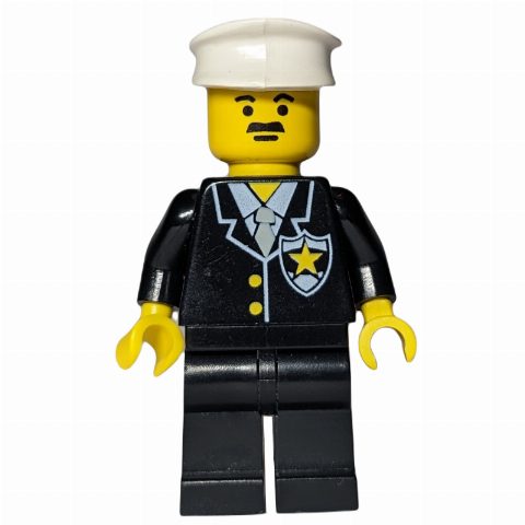 Minifigurka Policeman, Black Suit with Tie and Badge, White Hat, Moustache