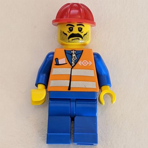 Minifigurka Worker - Orange Safety Vest, Blue Legs, Red Helmet, Black Moustache