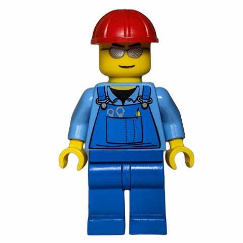 Minifigurka Construction Worker, Blue Overalls over Medium Blue Shirt, Red Hard Hat, Silver Sunglasses