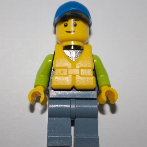 Minifigurka Man, Black and Lime Jacket, Blue Cap, Yellow Life Vest