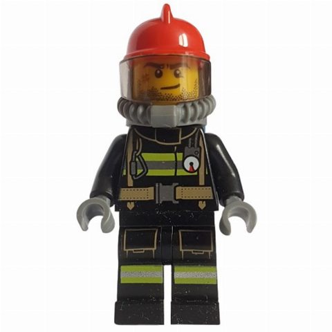 Minifigurka Fireman, Black Fire Suit with Gauge and Straps, Red Helmet, Breathing Apparatus, Airtanks, Stubble and Scar