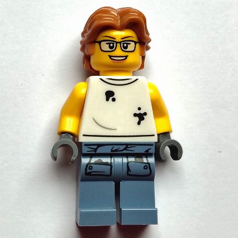 Minifigurka Scrapyard Worker, White Shirt, Sand Blue Legs, Medium Nougat Hair