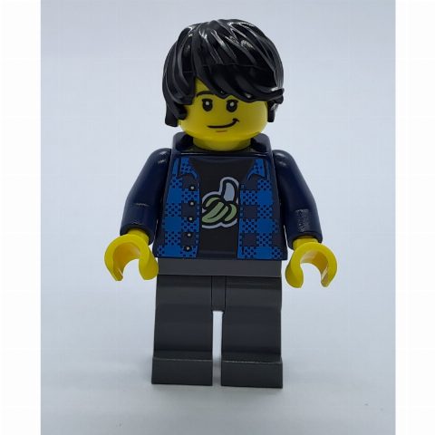 Minifigurka Man, Open Dark Blue Flannel Shirt over Top with Banana, Dark Bluish Gray Legs, Black Hair