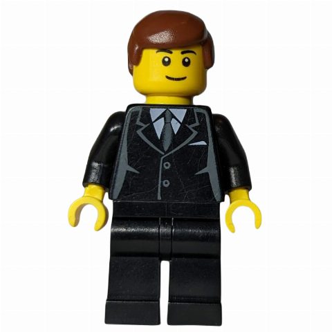 Minifigurka Black Torso Suit, Black Legs, Reddish Brown Hair