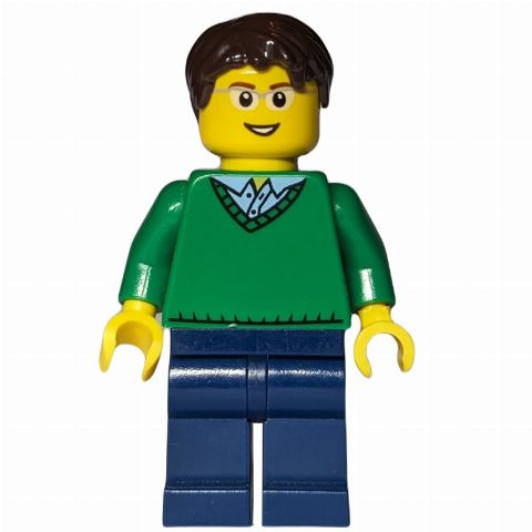 Minifigurka Man, Green V-Neck Sweater, Dark Blue Legs, Dark Brown Hair, Glasses