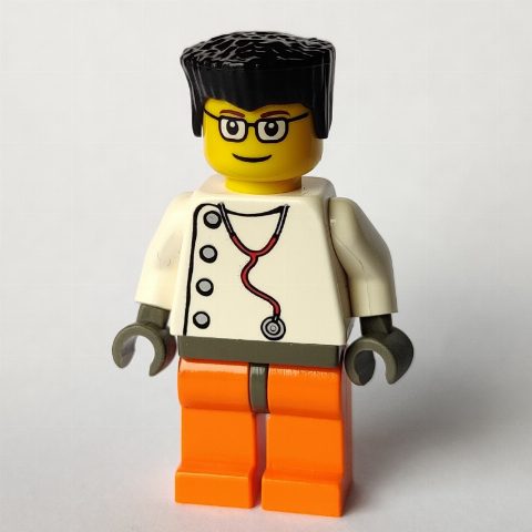 Minifigurka Doctor, White Shirt with Stethoscope and Side Buttons, Black Hair, Glasses