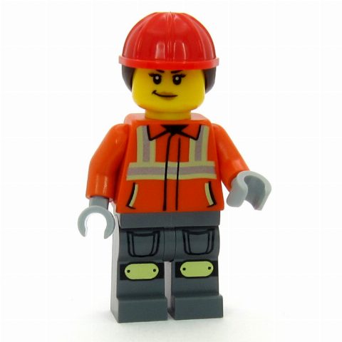 Minifigurka Construction Worker, Reddish Orange Jacket, Dark Bluish Gray Legs, Red Hard Hat with Ponytail