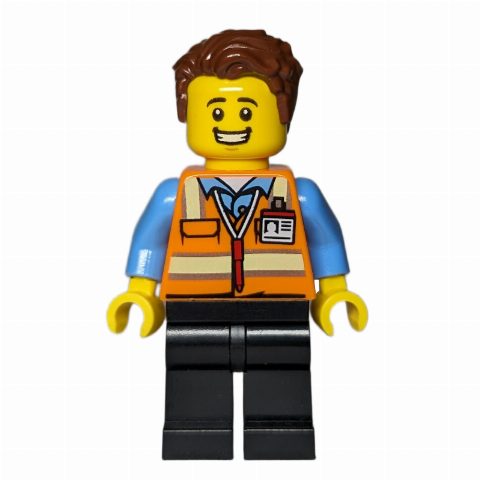 Minifigurka Orange Torso, Black Legs, Reddish Brown Hair