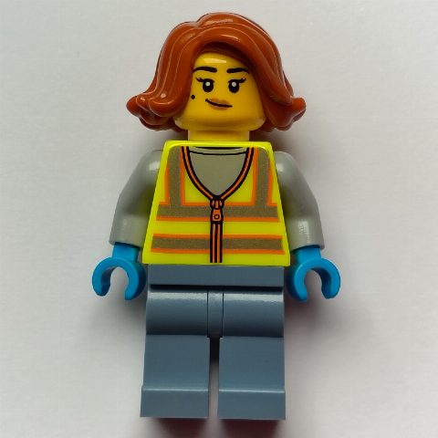 Minifigurka Scrapyard Worker, Vibrant Yellow Vest, Sand Blue Legs