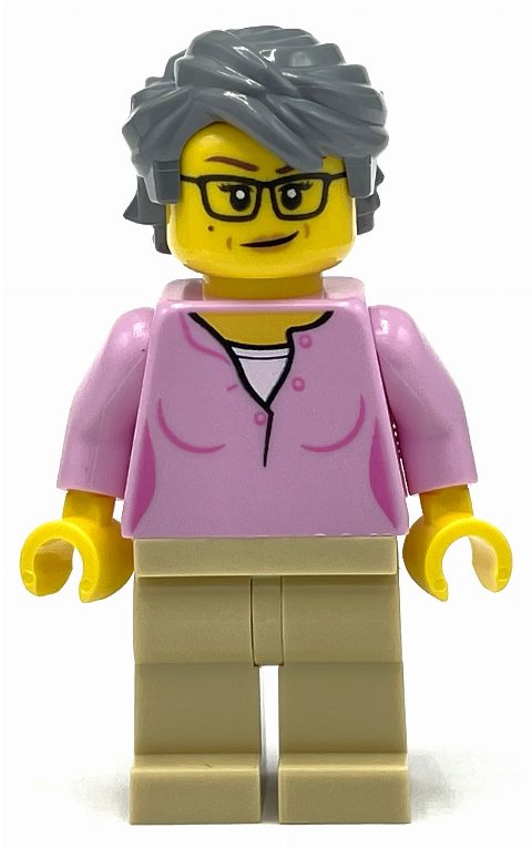 Minifigurka Bright Pink Torso, Tan Legs, Dark Bluish Grey Hair