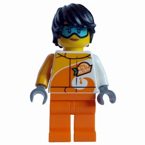 Minifigurka White/Orange Torso, Orange Legs, Black Hair, Goggles