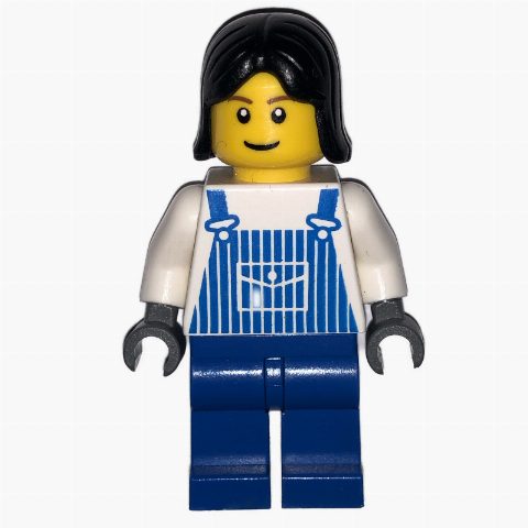Minifigurka Woman, Blue and White Striped Overalls, Black Hair