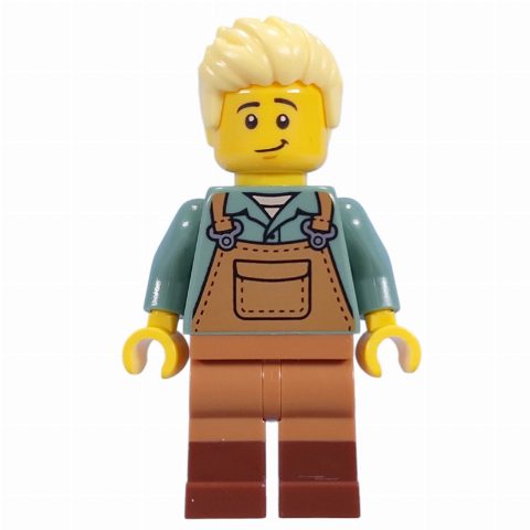 Minifigurka Gardener, Sand Blue Torso, Medium Nougat Apron, Bright Light Yellow Hair