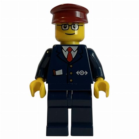 Minifigurka Train Conductor - Dark Blue Jacket, Dark Blue Legs, Dark Red Hat, Glasses (3626b head)