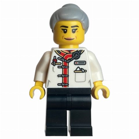 Minifigurka Waiter, White Torso, Black Legs, Light Bluish Grey Hair