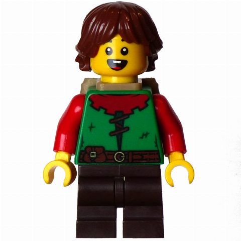 Minifigurka Elf, Green Torso, Dark Brown Legs, Reddish Brown Hair, Backpack