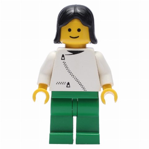 Minifigurka Woman, White Jacket with Zipper, Green Legs, Black Hair