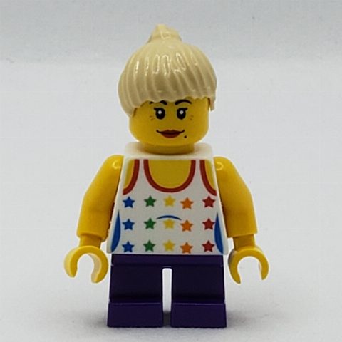 Minifigurka Girl, Tank Top with Rainbow Colored Stars, Short Dark Purple Legs, Tan Hair