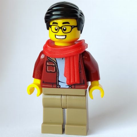 Minifigurka Man, Open Dark Red Jacket, Dark Tan Legs, Red Scarf, Black Hair, Glasses