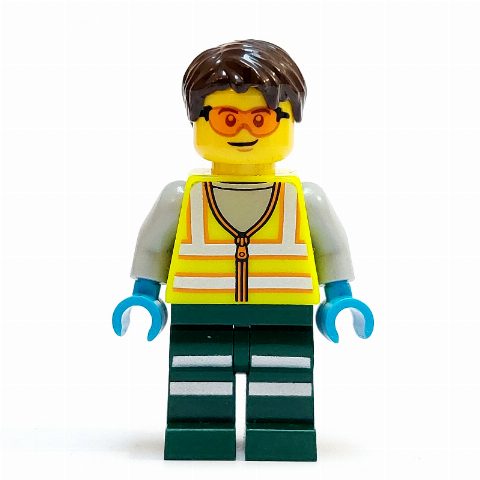 Minifigurka Technician, Vibrant Yellow Torso, Dark Green Legs, Dark Brown Hair