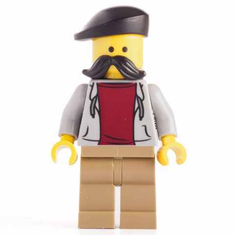 Minifigurka Light Bluish Grey Torso, Dark Tan Legs, Mustache, Barrett