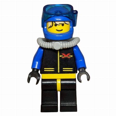Minifigurka Diver, Man, Black, Yellow, and Blue Wetsuit with Extreme Team Logo, Blue Helmet with Mask, Airtank