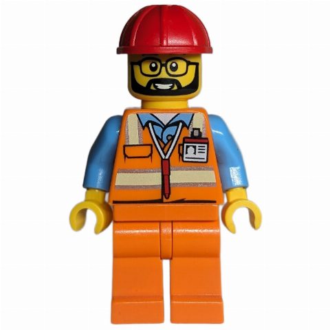 Minifigurka Worker - Orange Safety Vest, Orange Legs, Red Helmet