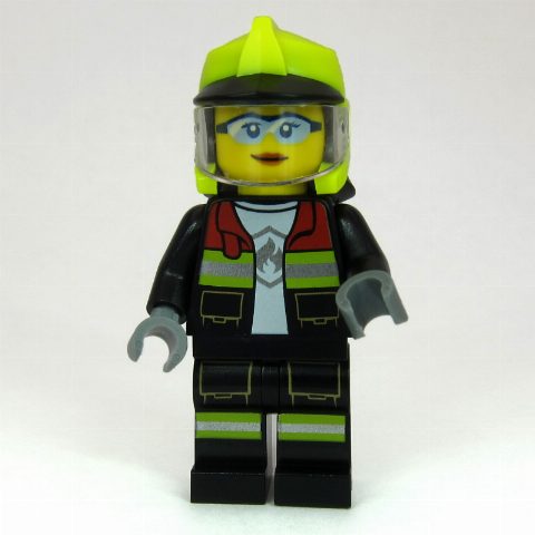 Minifigurka Firefighter, Black Fire Suit, Vibrant Yellow Standard Helmet, Visor, Goggles