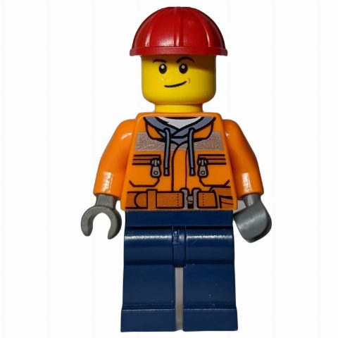 Minifigurka Worker - Orange Torso, Dark Blue Legs, Red Helmet