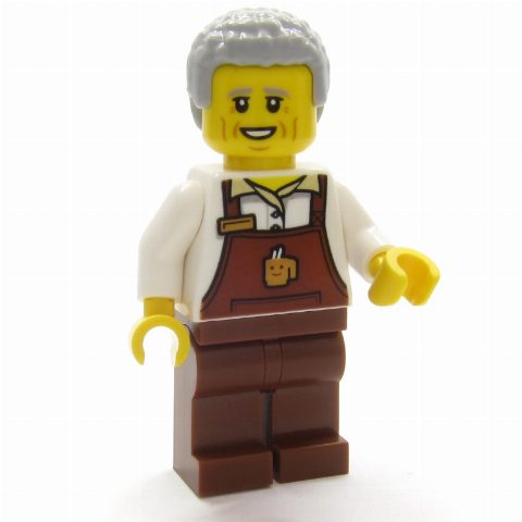 Minifigurka Barista, Reddish Brown Apron, Light Bluish Grey Hair