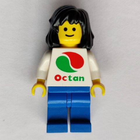 Minifigurka Woman, White Top with Large Octan Logo, Blue Legs, Black Hair