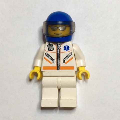 Minifigurka Paramedic, White Jacket with Zipper, Radio and Star of Life, Blue Helmet with Visor, Silver Sunglasses